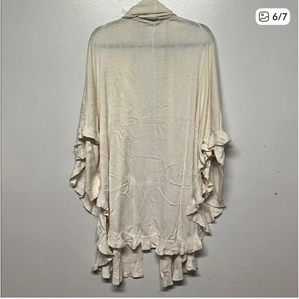 Colleen Lopez Womens Cream Ruffle Open Front Cardigan Ribbed Knit Sweater Ivory